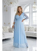 654-3 Dlhé trblietavé plus size šaty s výstrihom a priehľadnými rukávmi - modré