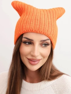 Dámska zimná čiapka s vlnou z rebrovaného úpletu mačacieho strihu K419 oranžová