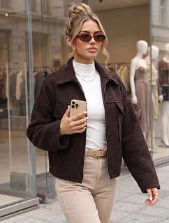 Krátky dámsky kabát typu „baranek“ so zipsom, čokoládová farba, FashionStreet TY6058