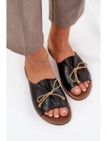 Skórzane Płaskie Eleganckie Klapki Z Kokardką Lewski 3572 Czarne