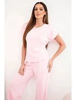Dámska súprava z mäkkého lesklého materiálu s blúzkou s krátkym rukávom a širokými nohavicami candy pink