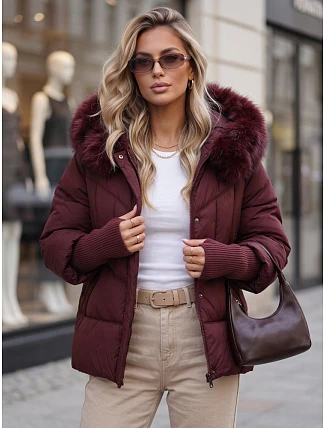 Dámska zimná prešívaná bunda s kožušinou, bordová, FashionStreet TY5742 Dámska zimná prešívaná bunda s kožušinou, bordová, FashionStreet TY5742
