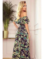 Dlouhé dámské šaty se španělským výstřihem a vzorem zelených listů a zlatých řetízků 194-4 - Numoco Dlouhé dámské šaty se španělským výstřihem a vzorem zelených listů a zlatých řetízků 194-4 - Numoco