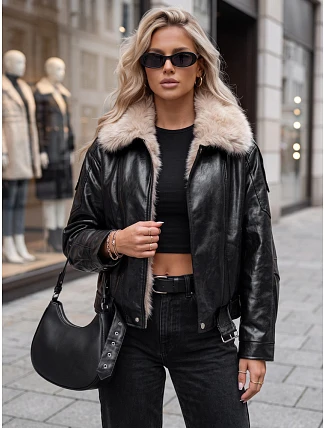 Dámska zimná bunda z ekokože s kožušinovým lemom, čierna, FashionStreet TY5709 Dámska zimná bunda z ekokože s kožušinovým lemom, čierna, FashionStreet TY5709