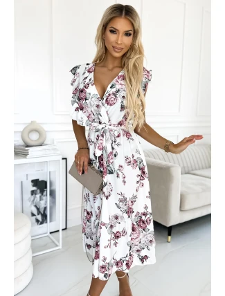 466-1 Šaty GABRIELLA s volánom, výstrihom a viazaním - BIELE S HRAJÚCIMI PINKAMI