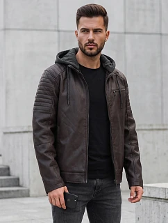 Pánska kožená zateplená bunda s kapucňou, hnedá, FashionStreet TX5142