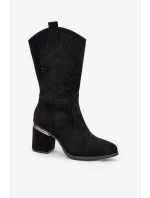 Ażurowe Kozaki Kowbojki Do Połowy Łydki S.Barski HY51-238 Czarne