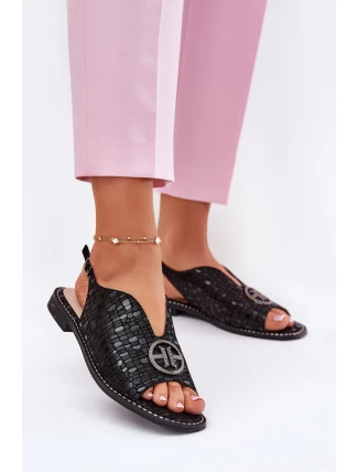Skórzane Sandały Na Płaskim Obcasie Z Ozdobą S.Barski KV51-094 Czarne