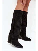 Kozaki Kowbojki Damskie Z Frędzlami Na Słupku Czarne Tivara