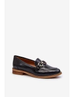 Skórzane Damskie Lakierowane Mokasyny Laura Messi 2760 Granatowe