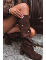 Kozaki Damskie Ocieplane Na Słupku Z Ozdobnymi Detalami Czekoladowe Lucinda