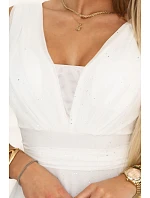 637-8 Dlhé maxi šaty s brokátovým akcentom a hlbokým výstrihom - ecru