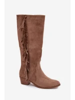 Dámské kozačky na podpatku s třásněmi zateplené khaki Firlina