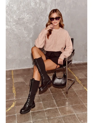 Kozaki Damskie Sznurowane Z Elastyczną Cholewką Czarne Virxinia