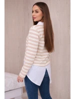 Pruhovaná bavlnená blúzka s golierom svetlo béžová+tmavo béžová