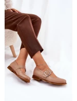 Skórzane Półbuty Damskie Z Klamrą Laura Messi 2980 Ciemnobeżowe