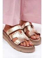 Klapki Damskie Z Naturalnej Skóry Na Platformie Zazoo 40440 Złote