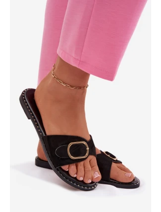 Dámské pantofle na ploché podešvi se zlatým sponou Czarne Selivelle