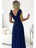 405-5 ELENA Dlhé šaty s výstrihom a viazaním na ramenách - GRANITE WITH BROKER