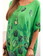 Dámske bavlnené tričko s kvetinovým vzorom zelené
