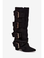 Kozaki Damskie Na Słupku Z Wywiniętą Cholewką I Złotymi Klamrami Eko Zamszowe Czarne Isavelle