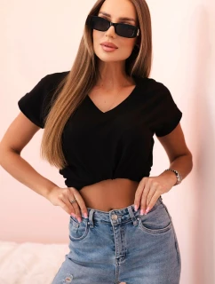Dámska bavlnená blúzka s výstrihom do V a krátkymi rukávmi čierna