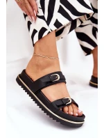 Klapki Damskie Gładkie Na Platformie Z Paskami I Klamrami Czarne Ziferte