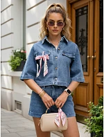 Krátka dámska džínsová košeľová bunda so šatkou, modrá, FashionStreet TY5693 Krátka dámska džínsová košeľová bunda so šatkou, modrá, FashionStreet TY5693
