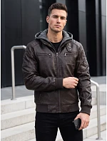 Pánska kožená zateplená bunda s kapucňou, hnedá, FashionStreet TX5136