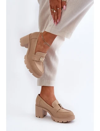 Półbuty Damskie Na Masywnym Obcasie Z Ozdobą Beżowe Ranunca