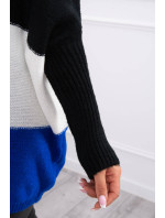 Trojfarebný sveter s kapucňou čierny+ecru+chabra