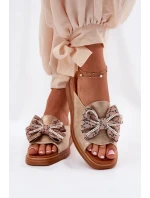 Klapki Damskie Na Koturnie Z Kokardą Złote Moonzella