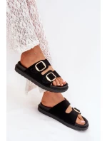 Klapki Damskie Na Platformie Ze Złotymi Klamrami Czarne Verena