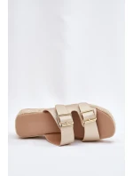 Klapki Damskie Na Koturnie Z Plecionką I Klamrami Złote Pasinea