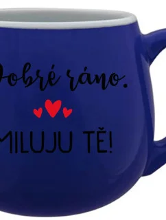 DOBRÉ RÁNO. MILUJEM ŤA! - modrý keramický hrnček 300 ml
