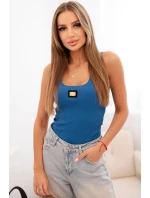 Dámsky prúžkovaný top na ramienka s ozdobnou aplikáciou džínsov modrý