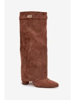 Kozačky Eko semišové podpatek sloupek na zip vyhřívané vytočená lýtka tmavě béžové Evyra