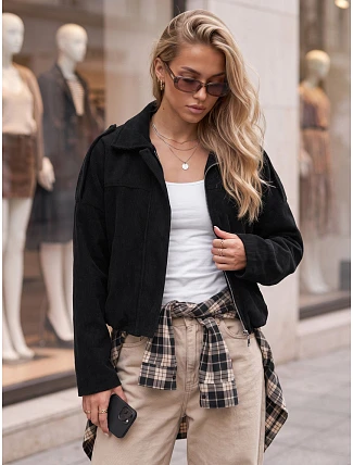 Dámska krátka čierna manšestrová bunda FashionStreet TY6021 Dámska krátka čierna manšestrová bunda FashionStreet TY6021