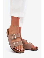 Klapki Damskie Ze Złotymi Klamrami I Przeszyciami Khaki Lunera