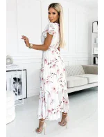 434-4 LISA Plisované midi šaty s výstrihom a volánmi - broskyňový kvet na bielom pozadí 434-4 LISA Plisované midi šaty s výstrihom a volánmi - broskyňový kvet na bielom pozadí