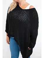 Dámsky oversized sveter s čipkou, výstrihom do V a predĺženým zadným dielom, čierny Dámsky oversized sveter s čipkou, výstrihom do V a predĺženým zadným dielom, čierny