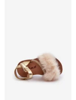 Sandałki Dziecięce Na Rzep Z Futerkiem Złote Rosavere