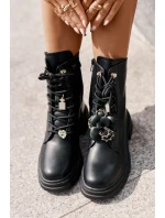 Eko Skórzane Botki Workery Damskie Z Przypinkami Czarne Rianael