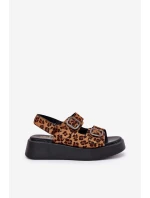 Sandały Damskie Na Platformie I Koturnie Z Klamrami Panterka Brązowe Genorre