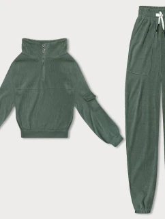 Dámska vaflová mikina s kapucňou v olivovej farbe (AMG-339A)