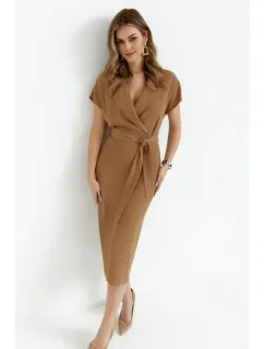 S363 Košeľové šaty s opaskom na zaväzovanie - béžové