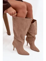 Wsuwane Kozaki Damskie Na Szpilce Z Eko Zamszu Beżowe Noretta