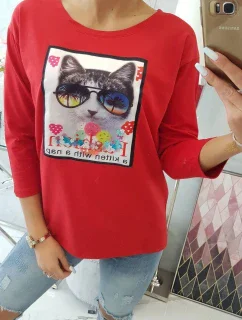 Blúzka s 3D grafikou mačky červená