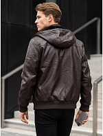 Pánska kožená zateplená bunda s kapucňou, hnedá, FashionStreet TX5137