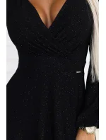 572-2 NELA lesklé dlhé šaty s výstrihom a dlhými rukávmi - ČIERNE